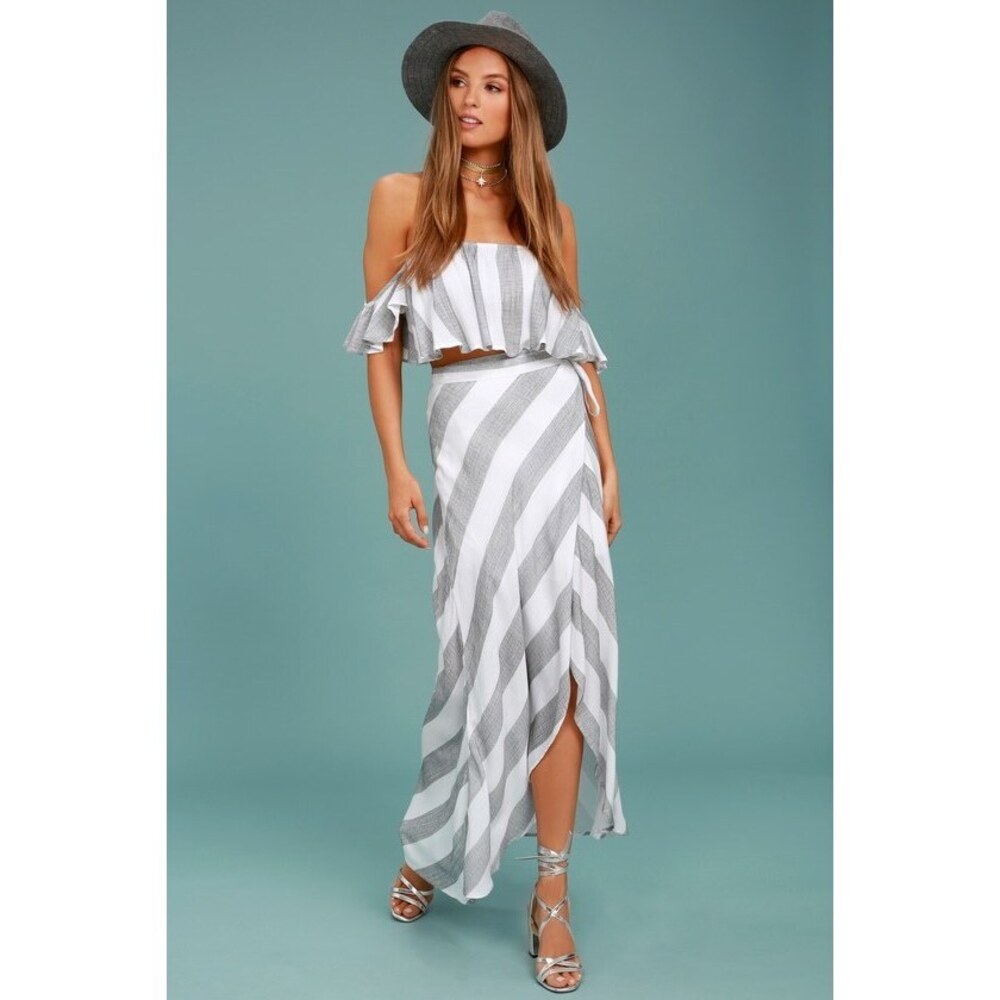 Lulus Golden Sunset Grey And White Striped Wrap Maxi Skirt - Size M